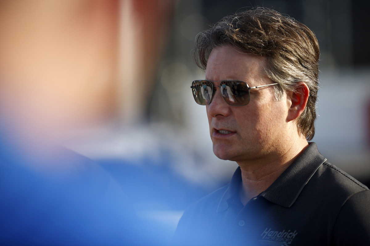 Jeff Gordon, vice chairman of Hendrick Motorsports, talks on the grid prior to the NASCAR Cup Series Cook Out Southern 500 at Darlington Raceway on September 5, 2021, in South Carolina