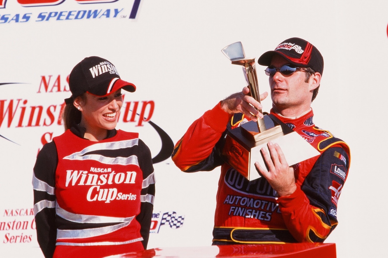 Jeff Gordon celebrates after the Protection One 400 on Sept. 29, 2002, at Kansas Speedway in Kansas City, Kansas.