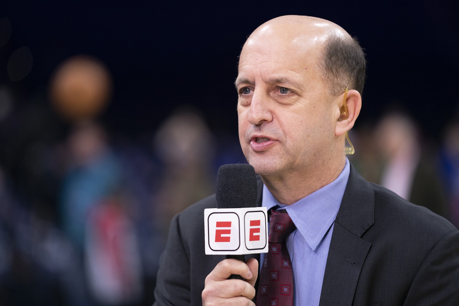ESPN analyst Jeff Van Gundy talks prior to the game between the Miami Heat and Philadelphia 76ers at the Wells Fargo Center on Dec. 18, 2019.