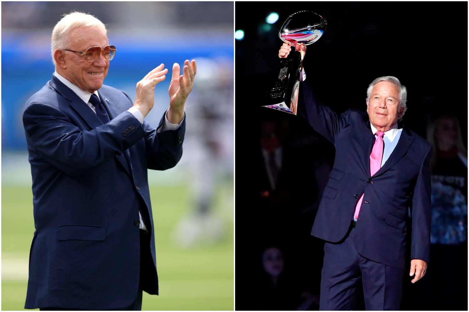 Dallas Cowboys owner Jerry Jones applauds his team as New England Patriots owner Robert Kraft lifts the Lombardi Trophy in the air.