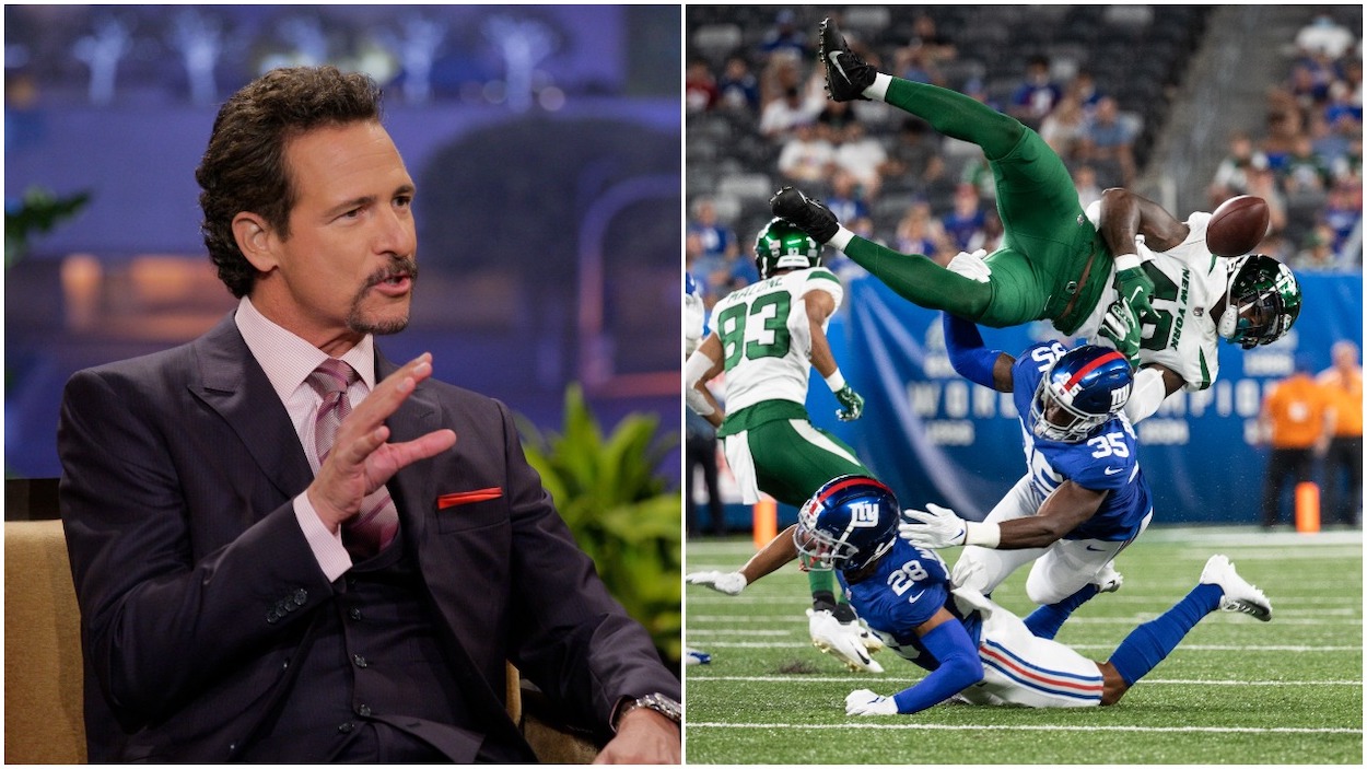 (L-R) Sports radio talk show host Jim Rome during an interview; Quincy Wilson of the New York Giants and TJ Brunson of the New York Giants force Kenny Yeboah of the New York Jets to fumble the ball during the fourth quarter of a preseason game at MetLife Stadium on August 14, 2021 in East Rutherford, New Jersey.