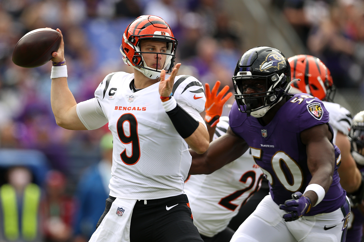 Cincinnati Bengals quarterback Joe Burrow faces the Baltimore Ravens on Oct. 24, 2021.
