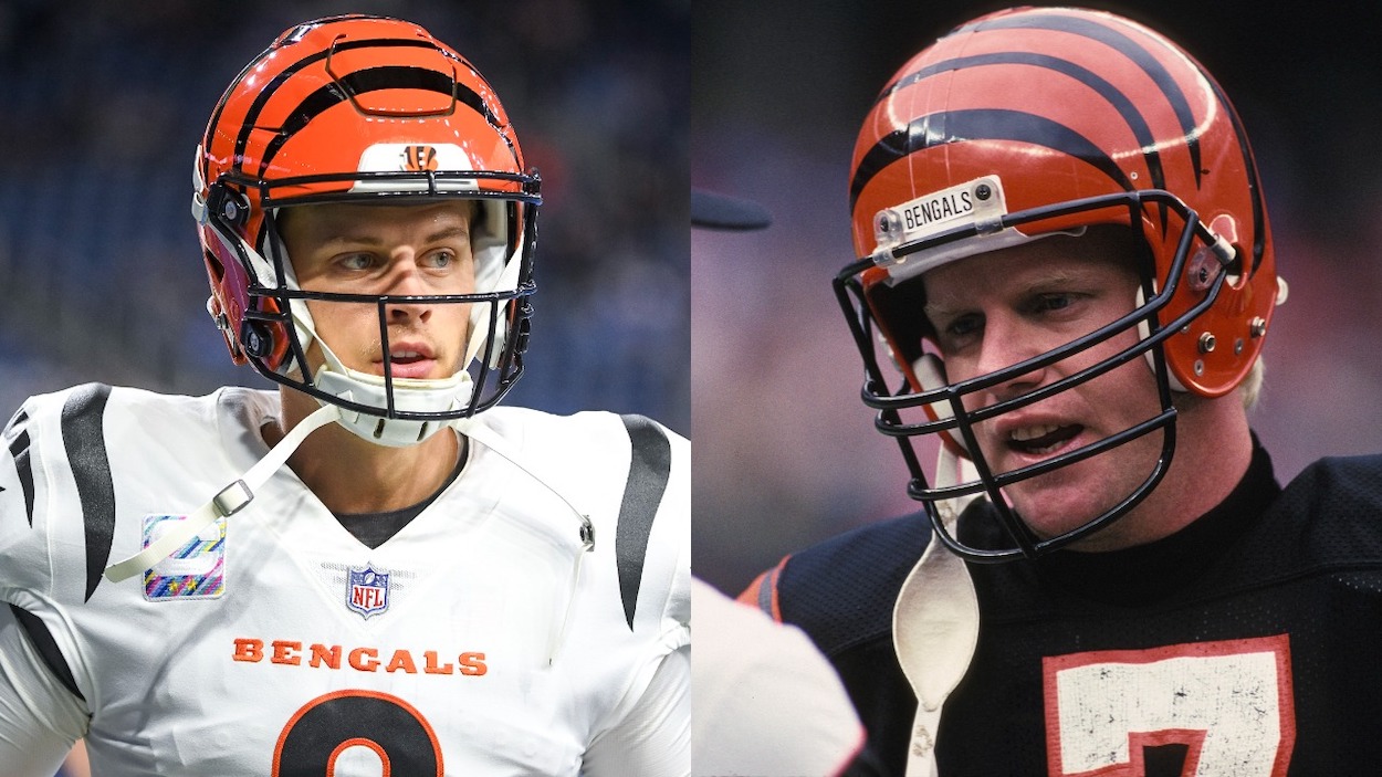 (L-R) Joe Burrow of the Cincinnati Bengals looks on before the game against the Detroit Lions at Ford Field on October 17, 2021 in Detroit, Michigan; Quarterback Boomer Esiason talks to a coach on the sideline during a game against the Houston Oilers at Riverfront Stadium on October 23, 1988 in Cincinnati, Ohio. The Bengals defeated the Oilers 44-21.