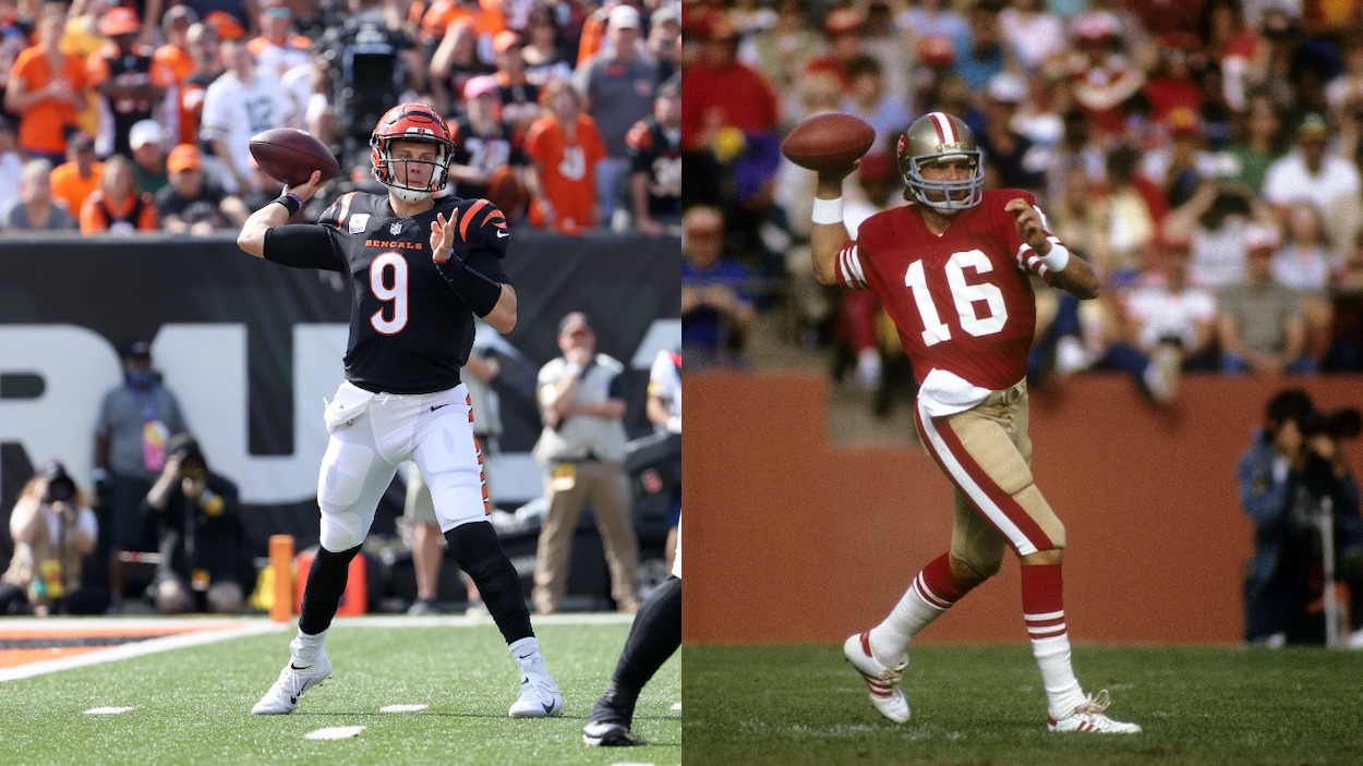 (L-R) Joe Burrow of the Cincinnati Bengals, who Colin Cowherd discusses in relation to Joe Montana, throws the ball during the first quarter against the Green Bay Packers at Paul Brown Stadium on October 10, 2021 in Cincinnati, Ohio; Quarterback Joe Montana of the San Francisco 49ers in action throwing a pass during an NFL football game mid circa 1980's at Candlestick Park in San Francisco, California. Montana played for the 49ers from 1979-92.