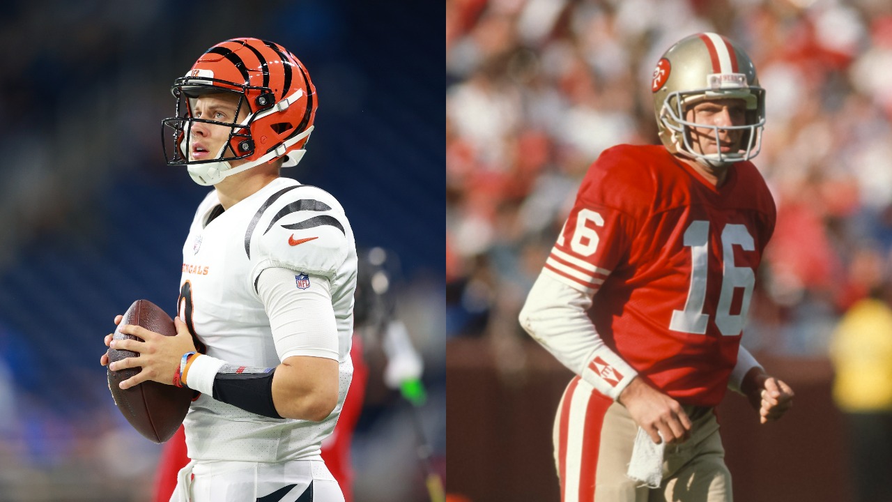 Bengals QB Joe Burrow standing on the field; 49ers QB Joe Montana in action