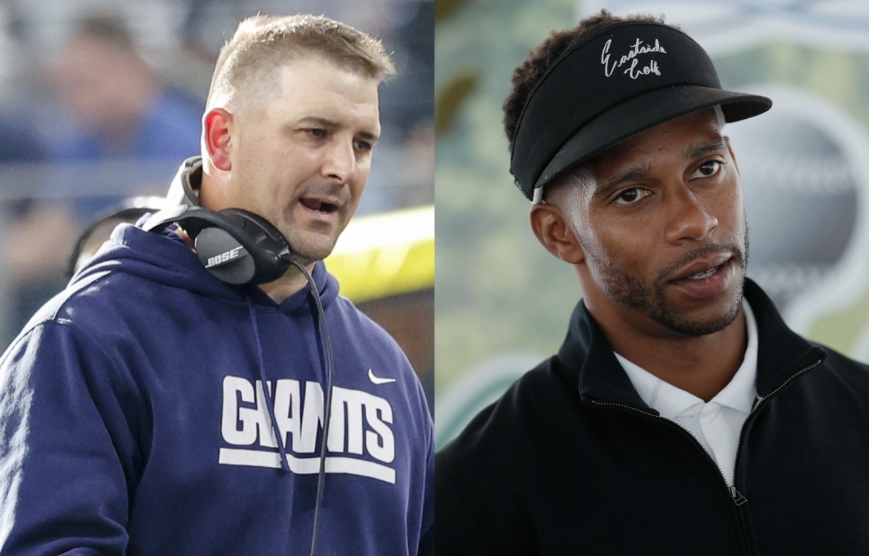 New York Giants head coach Joe Judge (L) and former Giants receiver Victor Cruz in 2021,