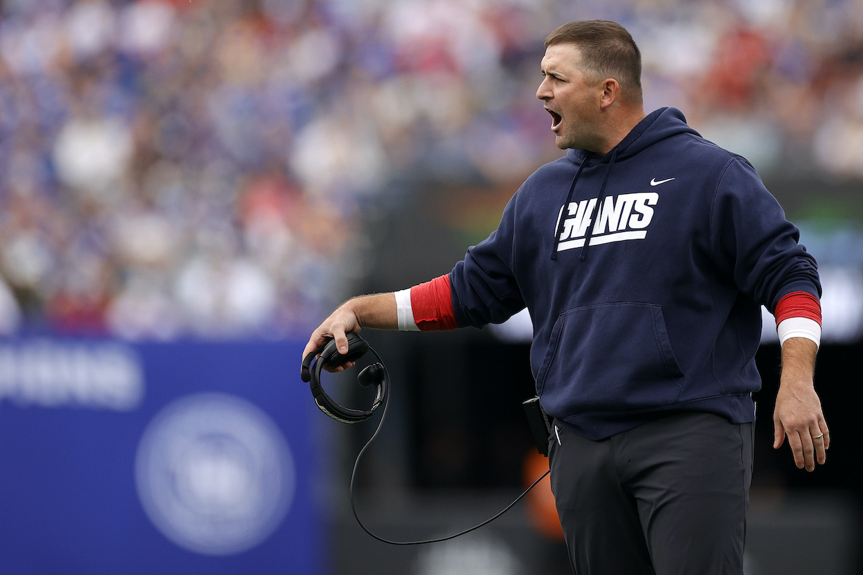 Head coach Joe Judge of the New York Giants reacts on the sideline in the first quarter against the Los Angeles Rams at MetLife Stadium on October 17, 2021 in East Rutherford, New Jersey.