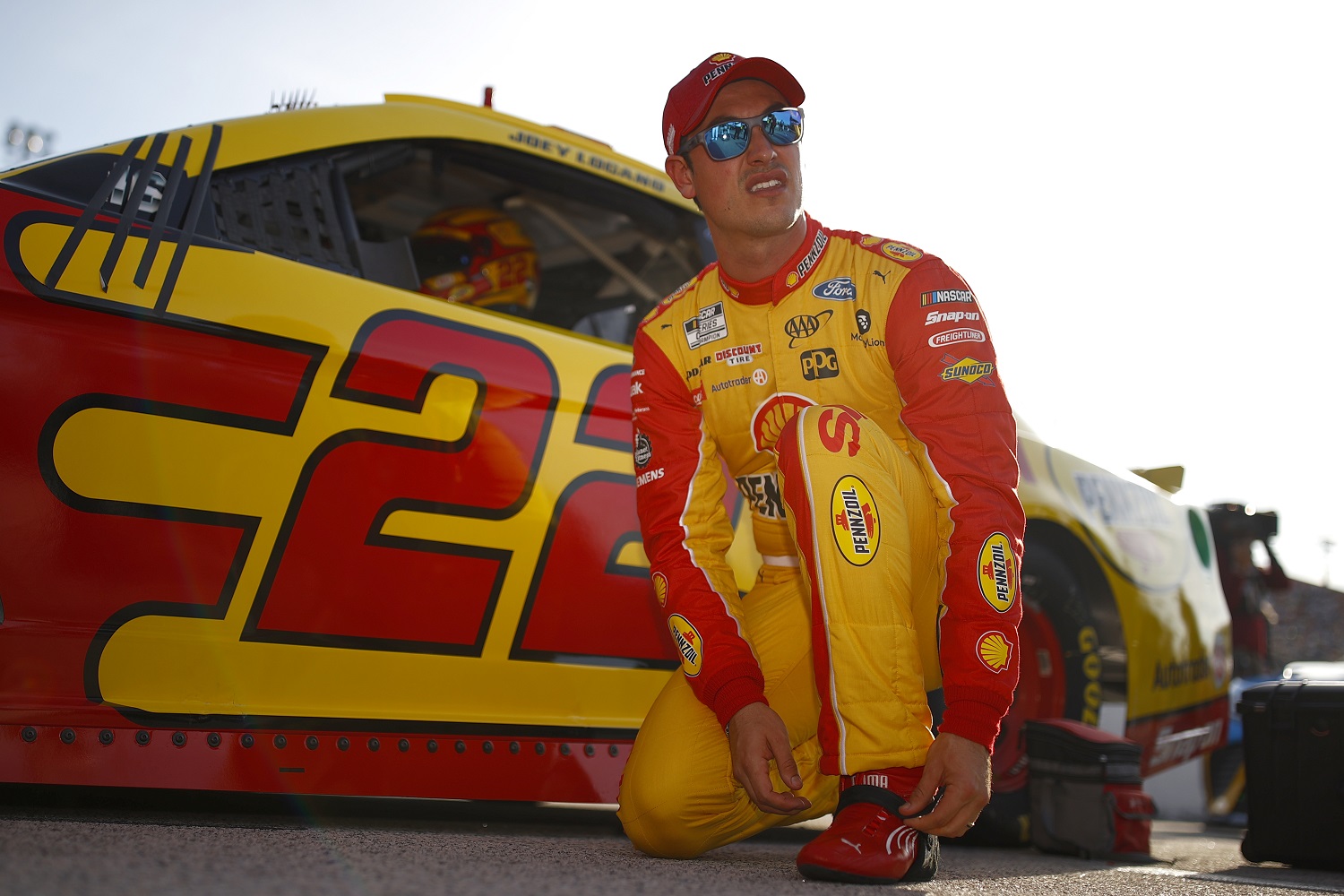 Joey Logano, driver of the No. 22 Ford, prepares for the NASCAR Cup Series Cook Out Southern 500 at Darlington Raceway on Sept. 5, 2021.