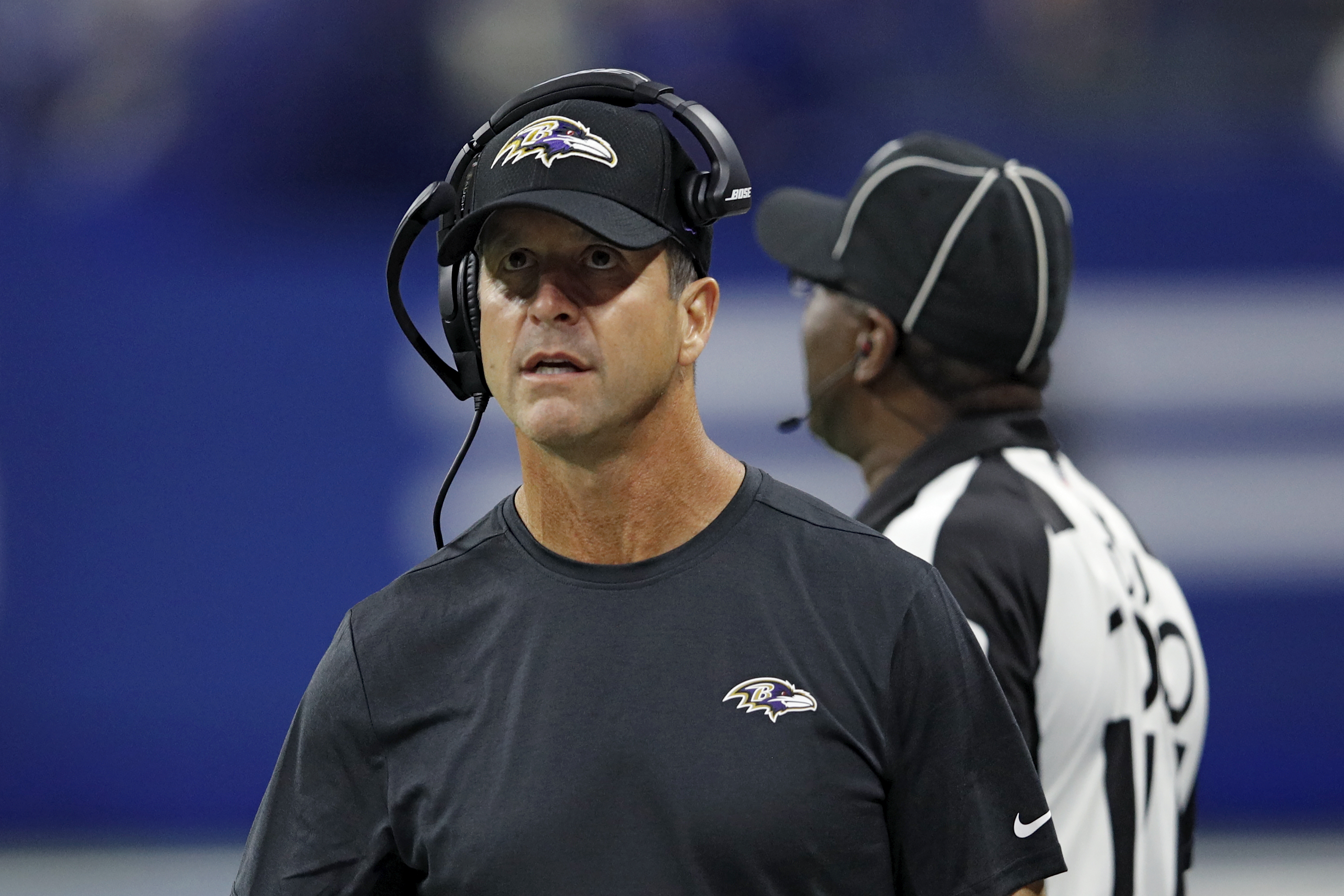 Ravens head coach John Harbaugh on the sideline against the Colts