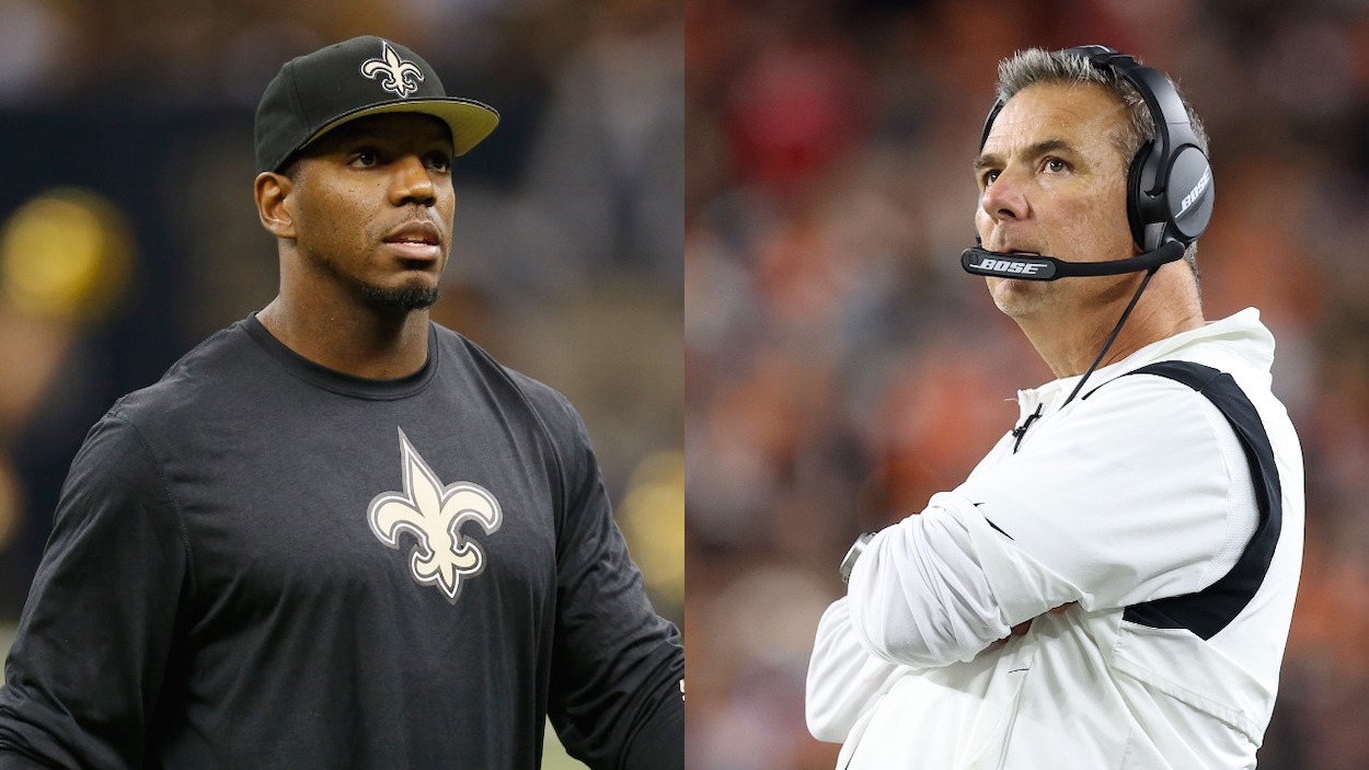 (L-R) Jonathan Vilma of the New Orleans Saints, who recently weighed in on the Urban Meyer scandal, walks on the field during a timeout in the game against the Washington Redskins during the season opener at Mercedes-Benz Superdome on September 9, 2012 in New Orleans, Louisiana; Head coach Urban Meyer of the Jacksonville Jaguars looks on against the Cincinnati Bengals during the first half of an NFL football game at Paul Brown Stadium on September 30, 2021 in Cincinnati, Ohio.