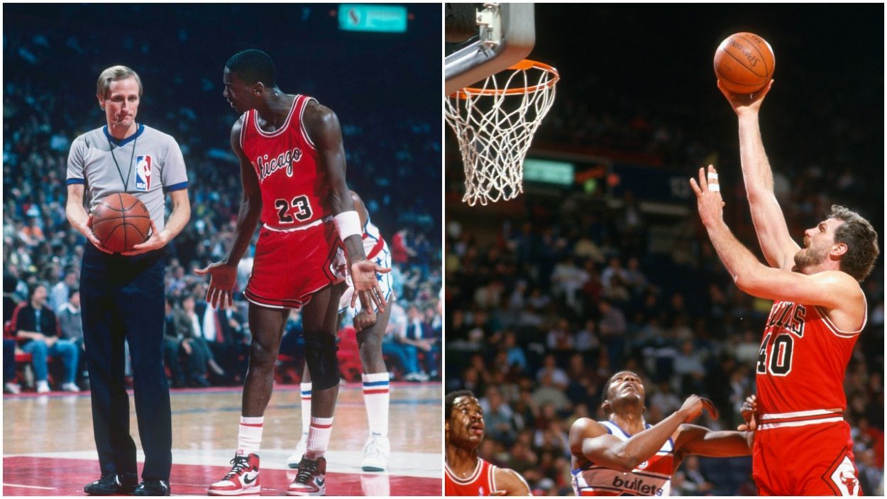 Left to Right: Bulls icon Michael Jordan argues with a referee in 1986, Dave Corzine shoots against the Washington Bullets