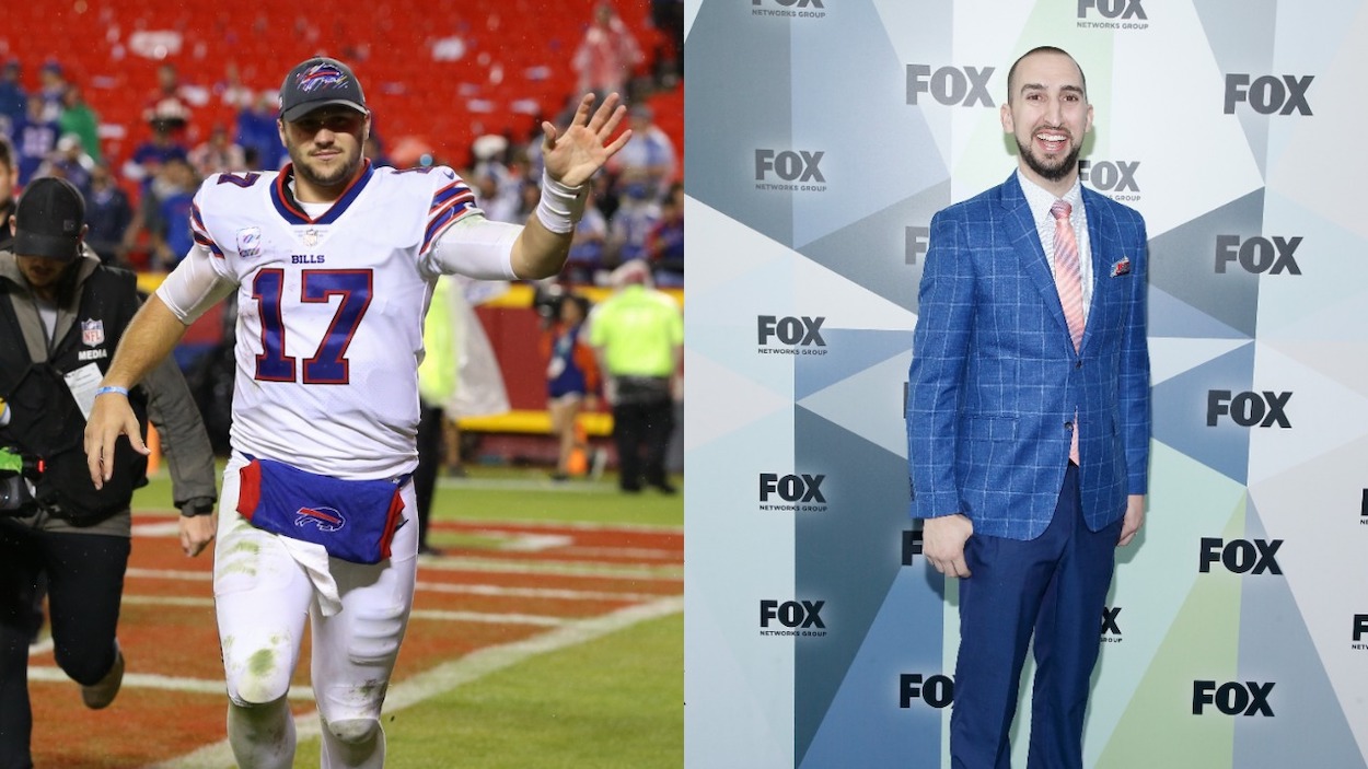 (L-R) Buffalo Bills quarterback Josh Allen waves to fans as he leaves the field after an NFL football game between the Buffalo Bills and Kansas City Chiefs on Oct 10, 2021 at GEHA Filed at Arrowhead Stadium in Kansas City, MO; Nick Wright attends 2018 Fox Network Upfront at Wollman Rink, Central Park on May 14, 2018 in New York City.