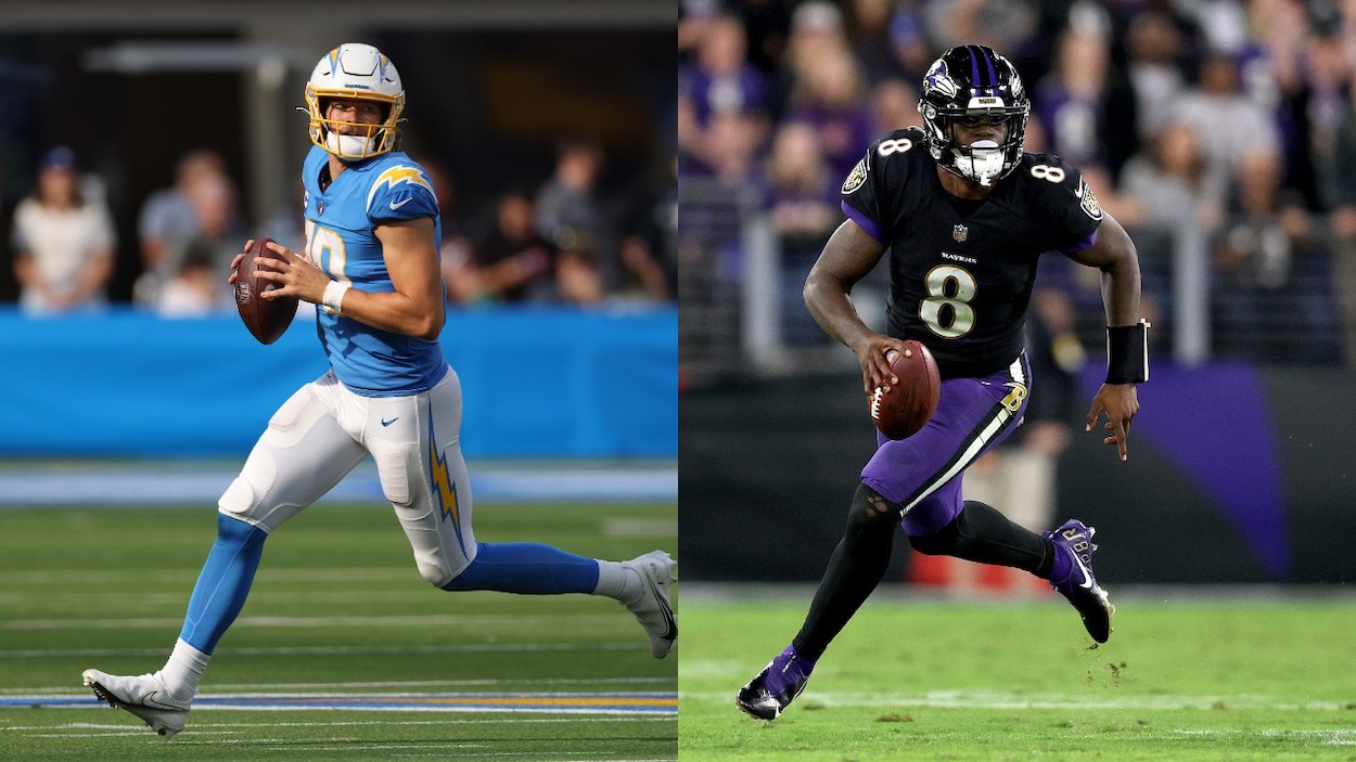 (L-R) Los Angeles Chargers quarterback Justin Herbert and Baltimore Ravens QB Lamar Jackson who go head-to-head in an NFL Week 6 matchup.