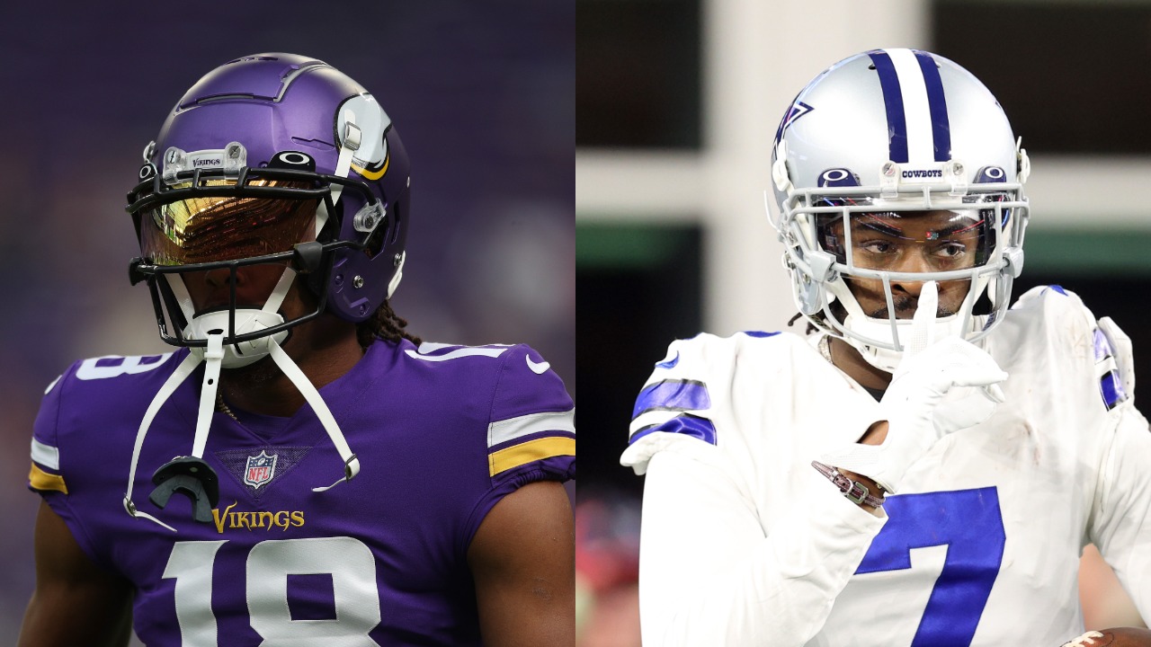 Vikings wideout Justin Jefferson looks on during game; Cowboys cornerback Trevon Diggs reacts after an interception