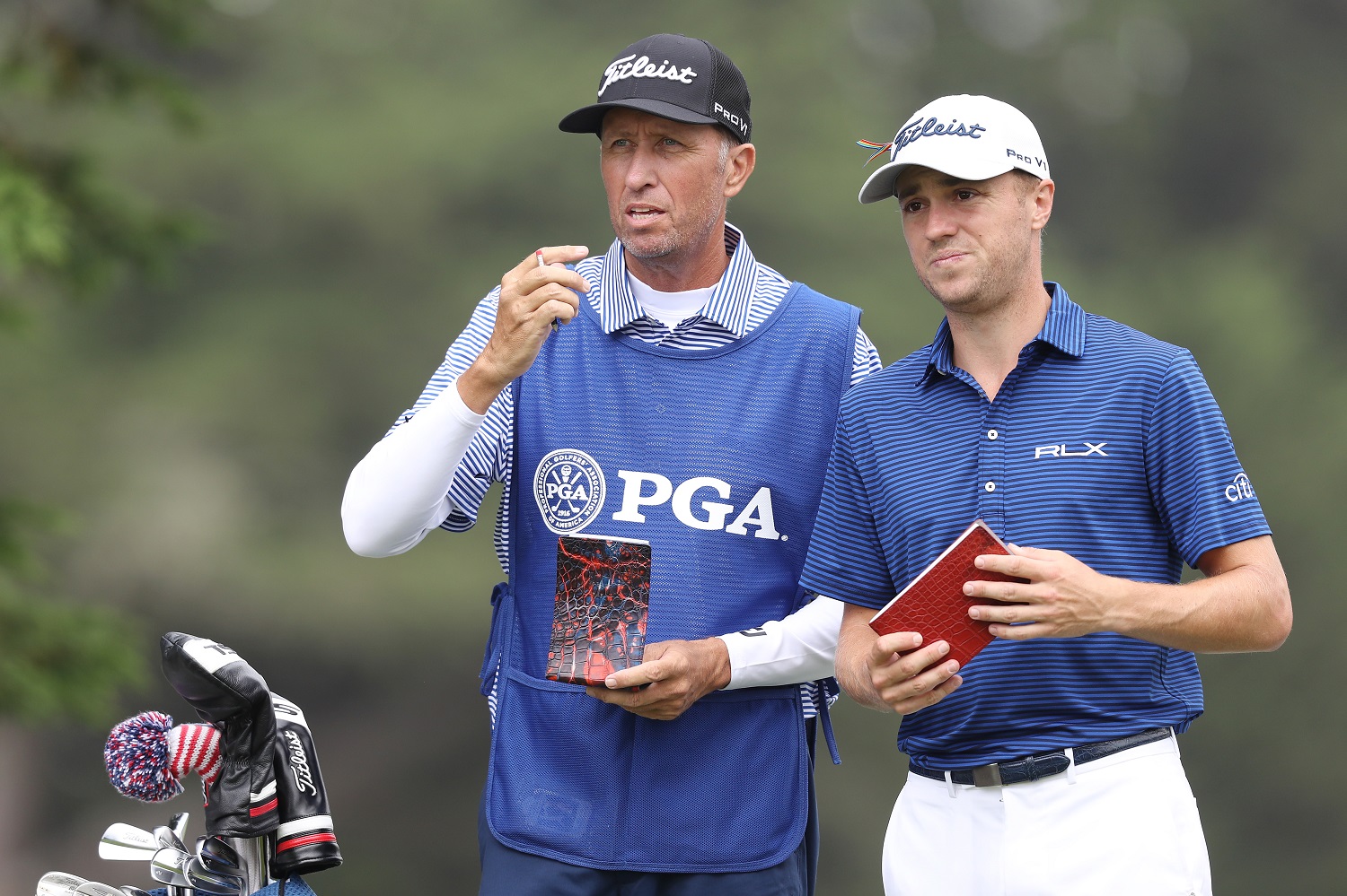 Caddie Jim 'Bones' Mackay and PGA pro Justin THomas wait on the third tee during the first round of the 2020 PGA Championship at TPC Harding Park on Aug. 6, 2020, in San Francisco. | Jamie Squire/Getty Images