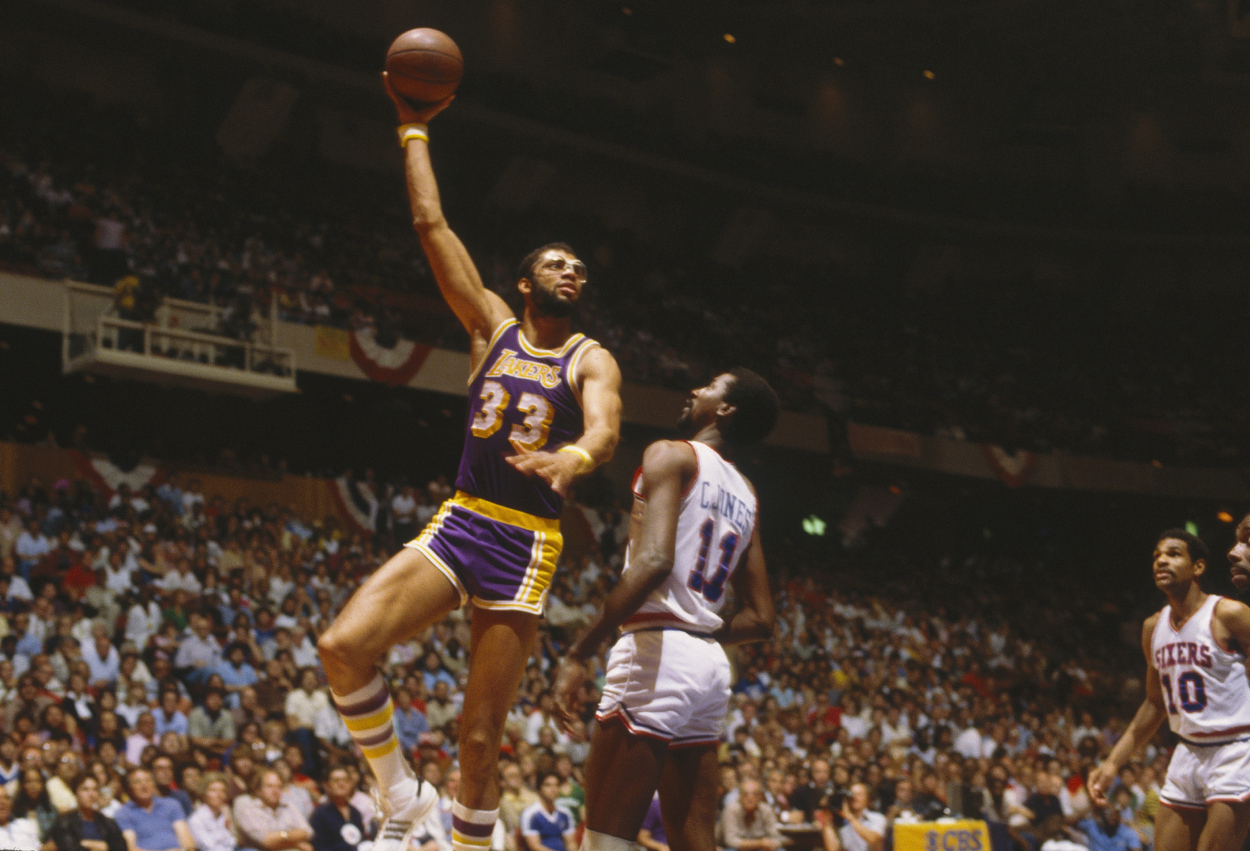 Kareem Abdul-Jabbar of the Los Angeles Lakers shoots a skyhook.