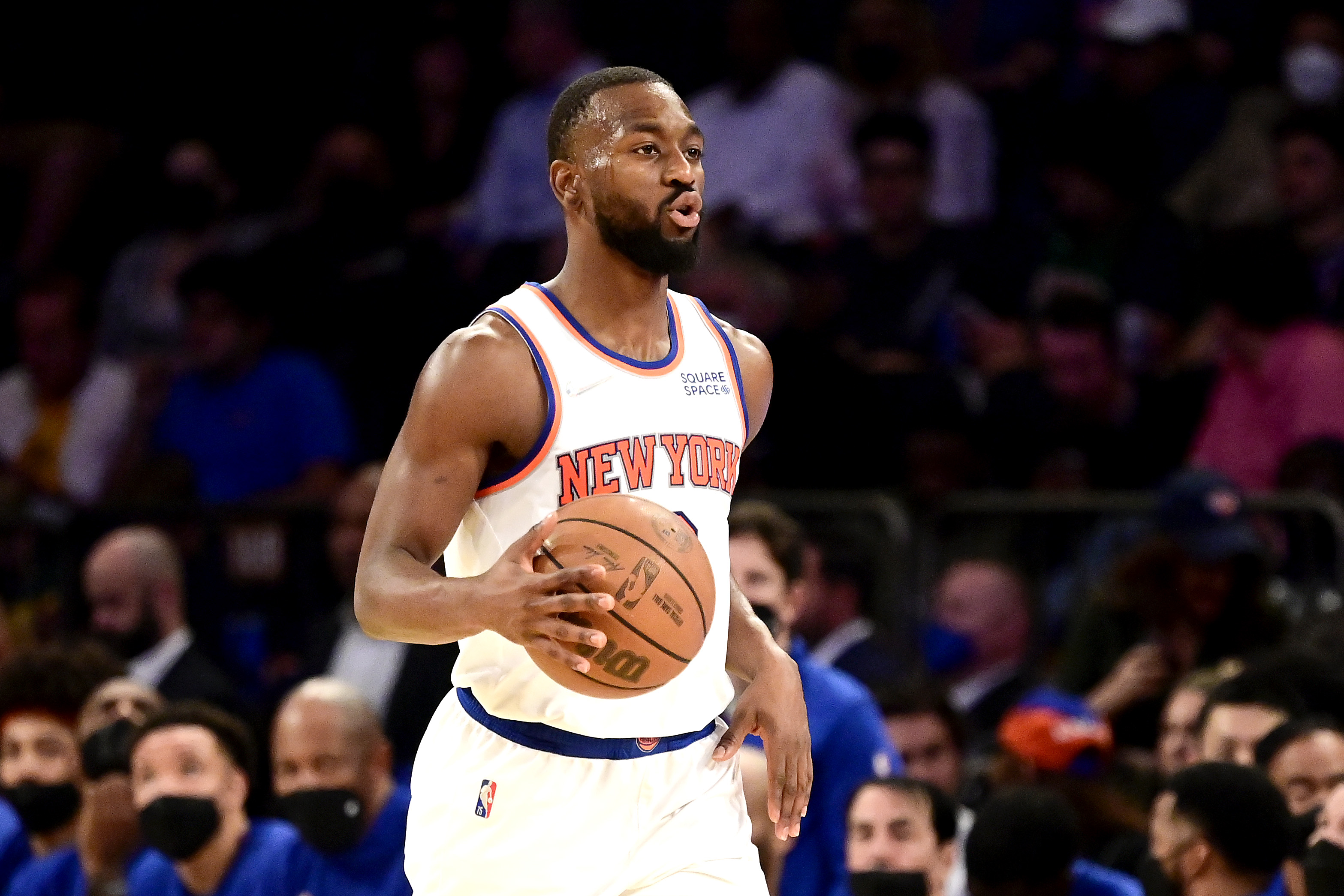 Kemba Walker dribbles the ball up the floor during a New York Knicks preseason game