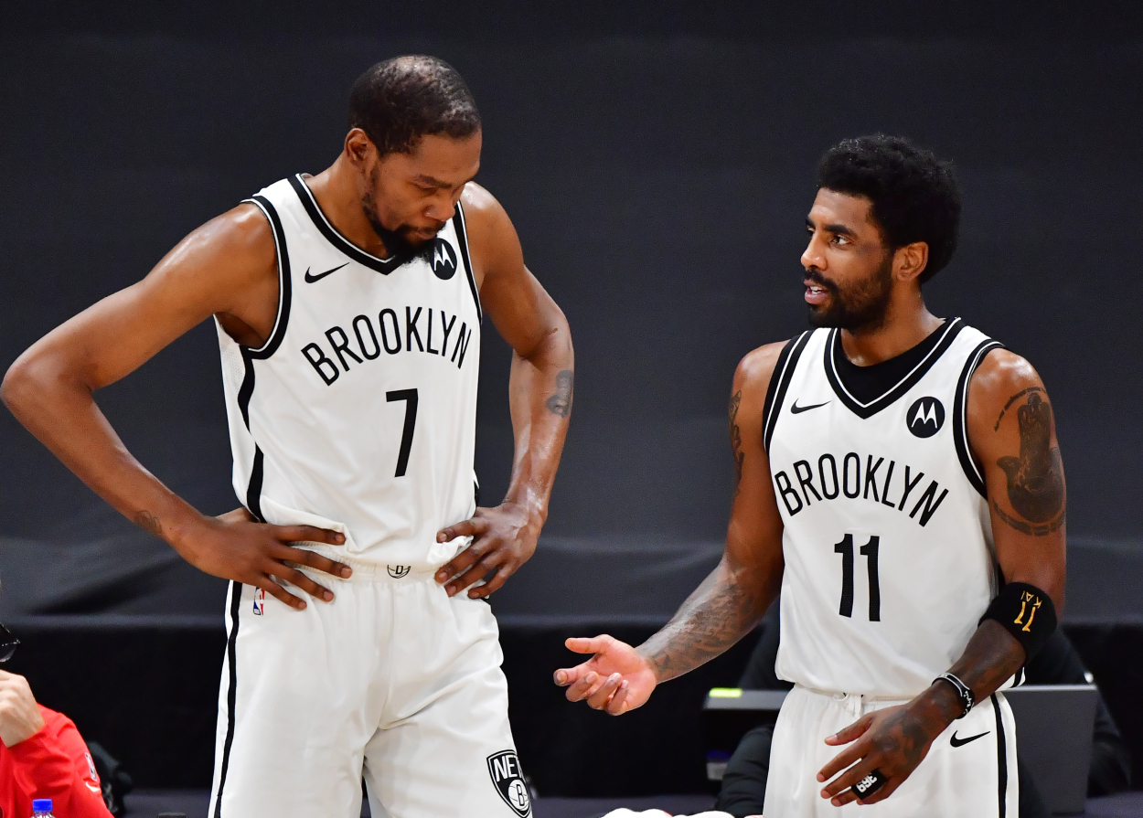 Kevin Durant and Kyrie Irving of the Brooklyn Nets in 2021.