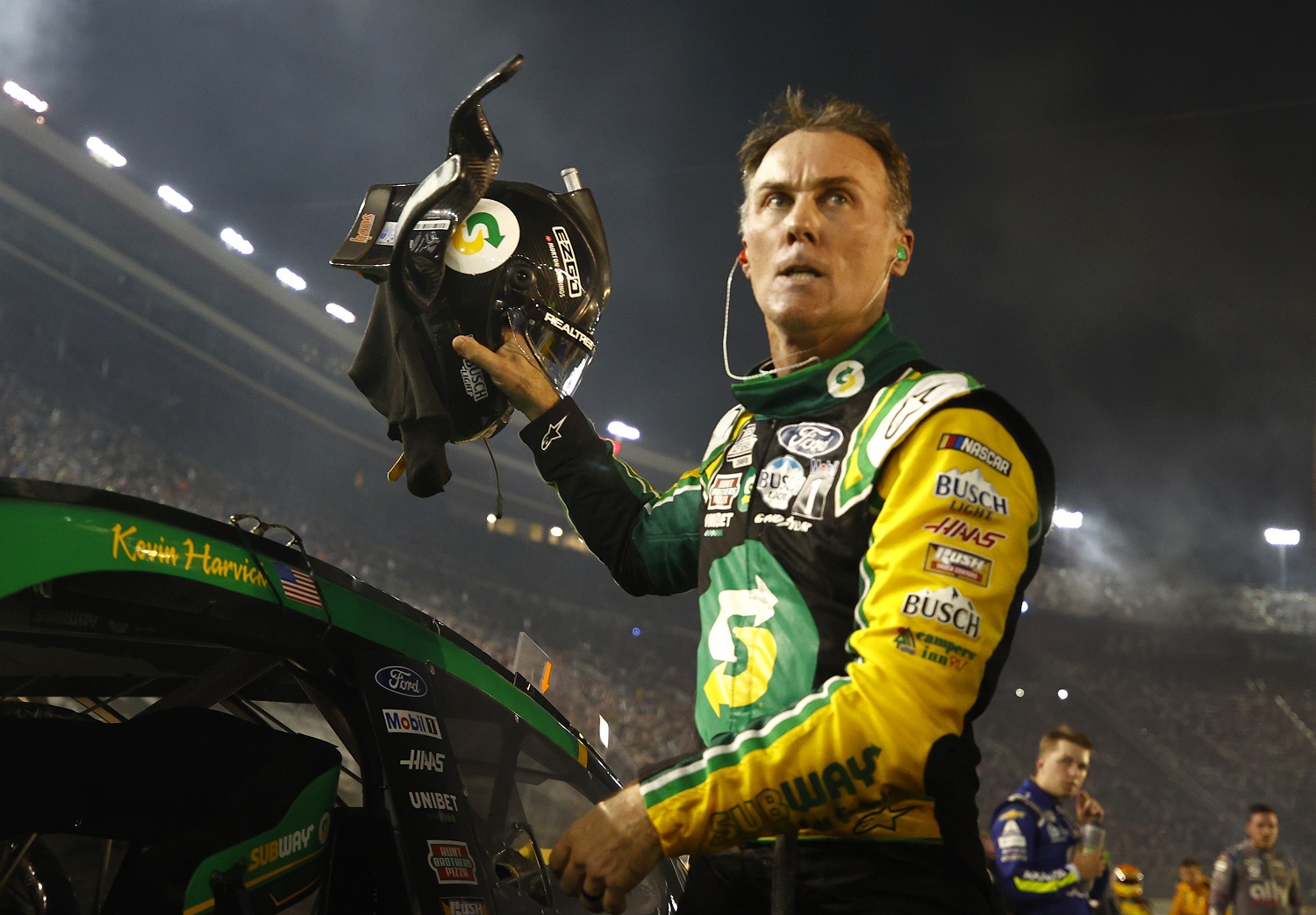 Kevin Harvick exits his car after the NASCAR Cup Series Bass Pro Shops Night Race at Bristol Motor Speedway on Sept. 18, 2021, in Bristol, Tennessee.