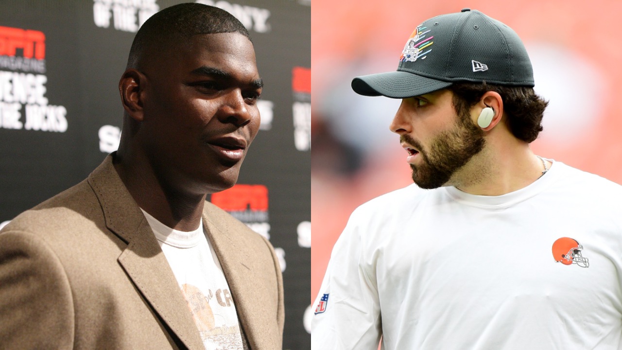 ESPN analyst Keyshawn Johnson attends an event; Browns QB Baker Mayfield on the field before a game