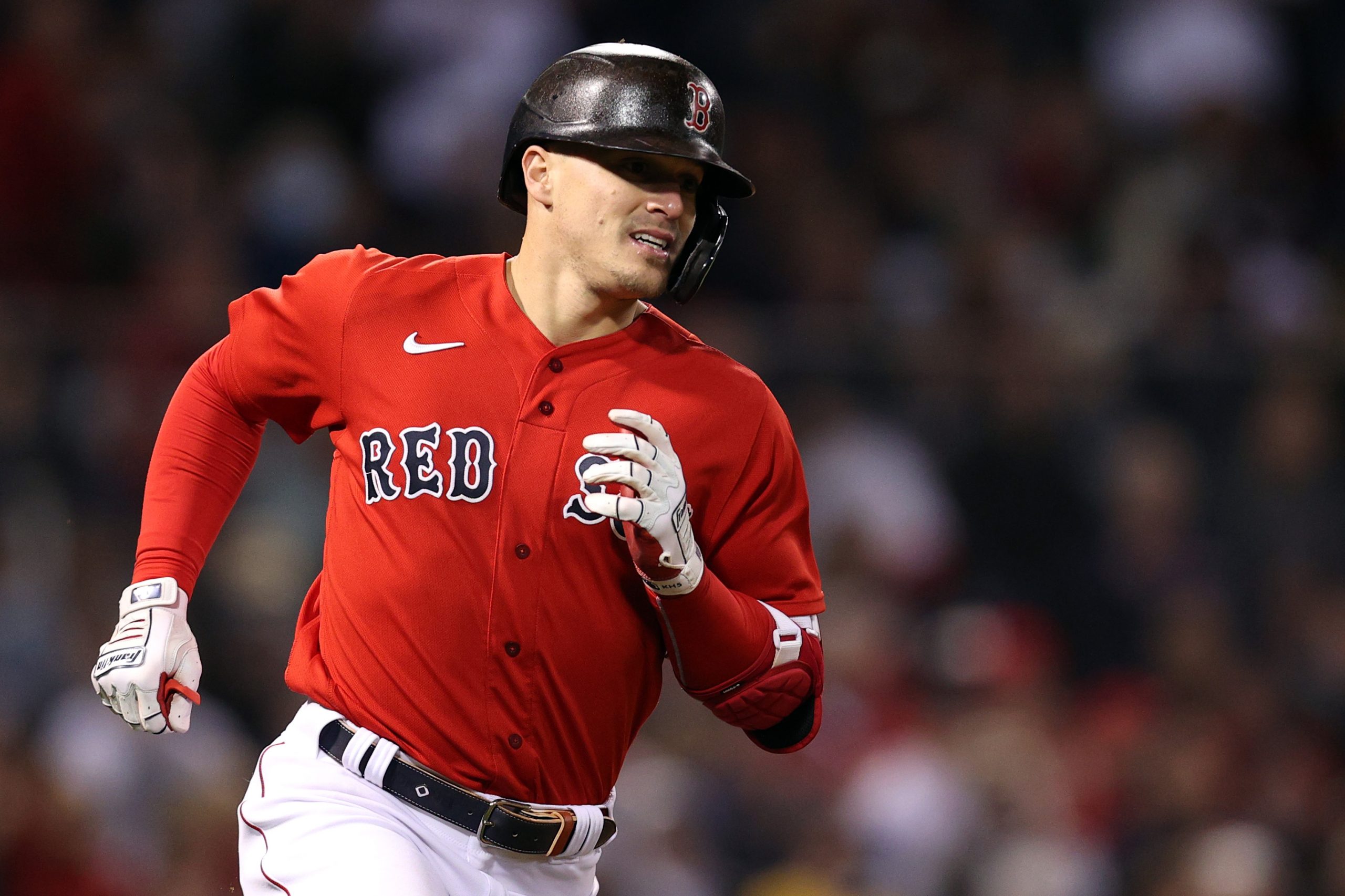 Kike Hernandez of the Boston Red Sox runs to first base.