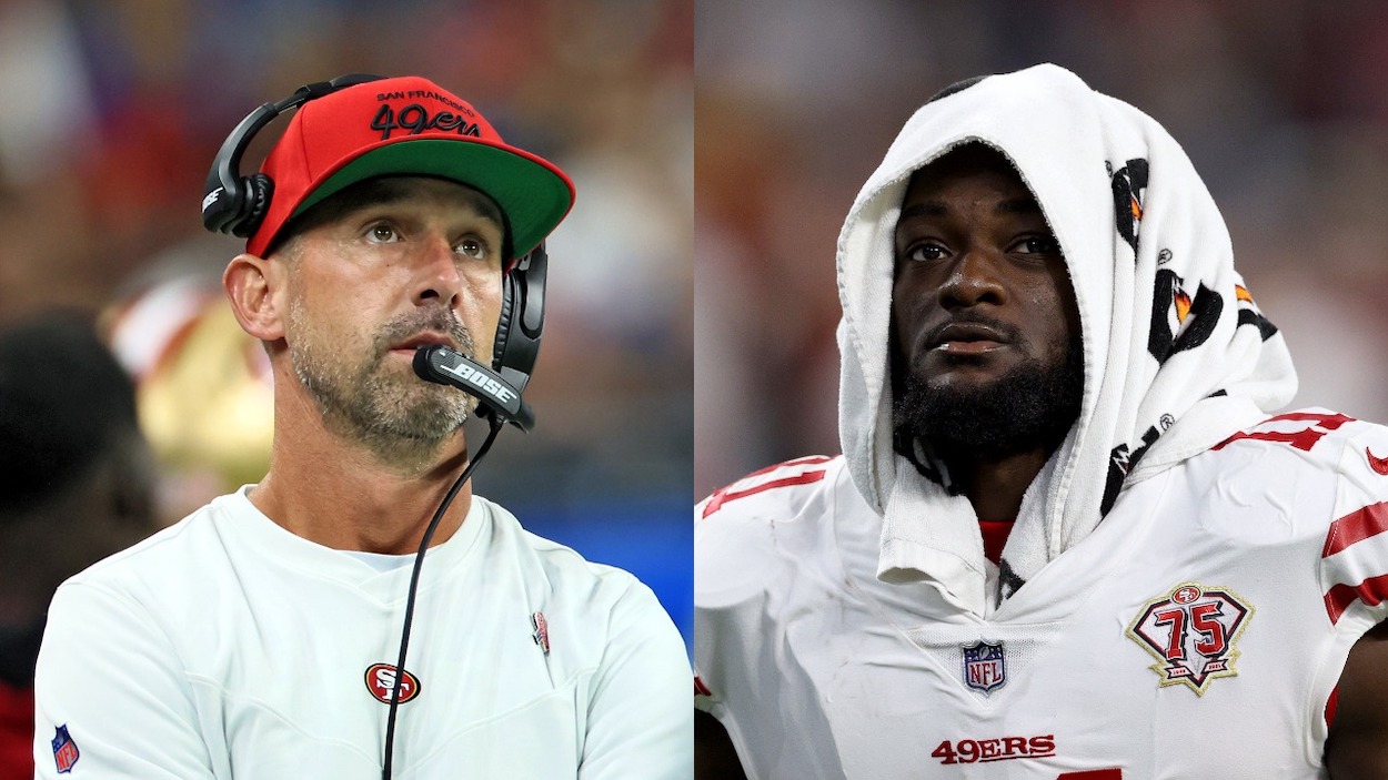 (L-R) San Francisco 49ers head coach Kyle Shanahan watches the play during an NFL football game between the Detroit Lions and the San Francisco 49ers in Detroit, Michigan USA, on Sunday, September 12, 2021; Brandon Aiyuk of the San Francisco 49ers leaves the field in a 15-10 win during a preseason game between the Los Angeles Chargers and the San Francisco 49ers at SoFi Stadium on August 22, 2021 in Inglewood, California.