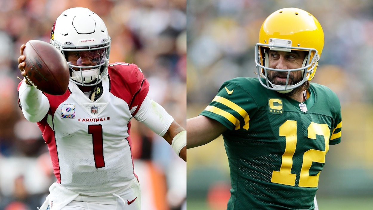 (L-R) Kyler Murray of the Arizona Cardinals carries the ball during a game against the Cleveland Browns at FirstEnergy Stadium on October 17, 2021 in Cleveland, Ohio; Aaron Rodgers of the Green Bay Packers reacts after a touchdown pass at Lambeau Field on October 24, 2021 in Green Bay, Wisconsin. Green Bay defeated Washington 24-10.