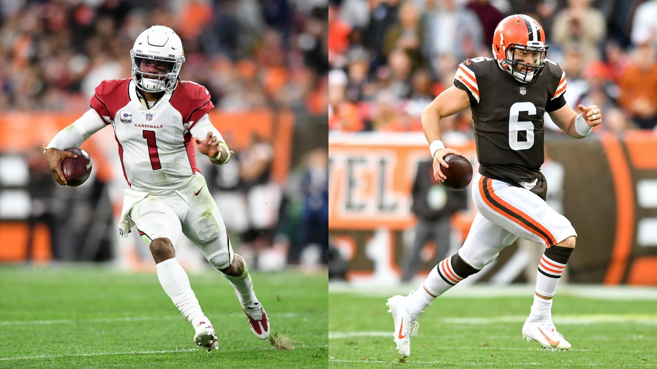Kyler Murray running the football against the Browns; Baker Mayfield running the ball against the Cardinals