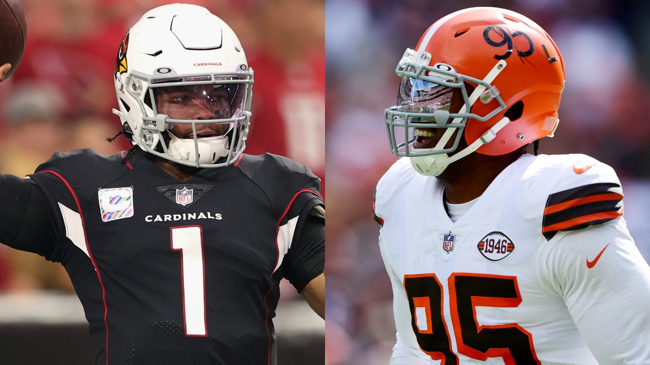 Cardinals QB Kyler Murray throwing a pass; Browns DE Myles Garrett in action against the Bears