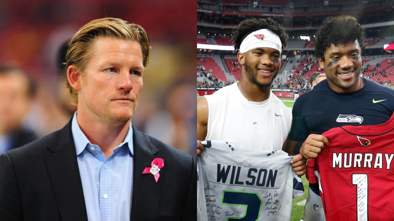 Rams general manager Les Snead on the sideline; Kyler Murray and Russell Wilson pose after an NFL game