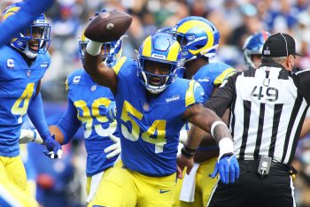 Leonard Floyd of the LA Rams celebrates recovering a fumble against the New York Giants at MetLife Stadium on October 17, 2021 in East Rutherford, New Jersey. Los Angeles Rams defeated the New York Giants 38-11 after being called out by Terry Bradshaw.