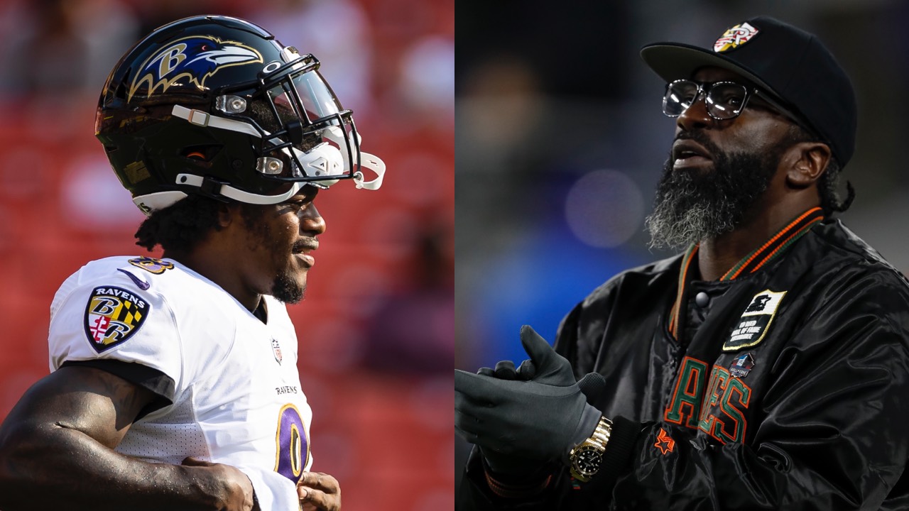 Ravens quarterback Lamar Jackson in action; Ed Reed on the field at a Ravens game