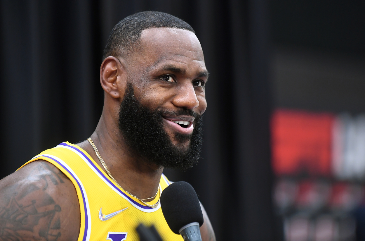 Lakers and former Cavs star LeBron James at media day in 2021.