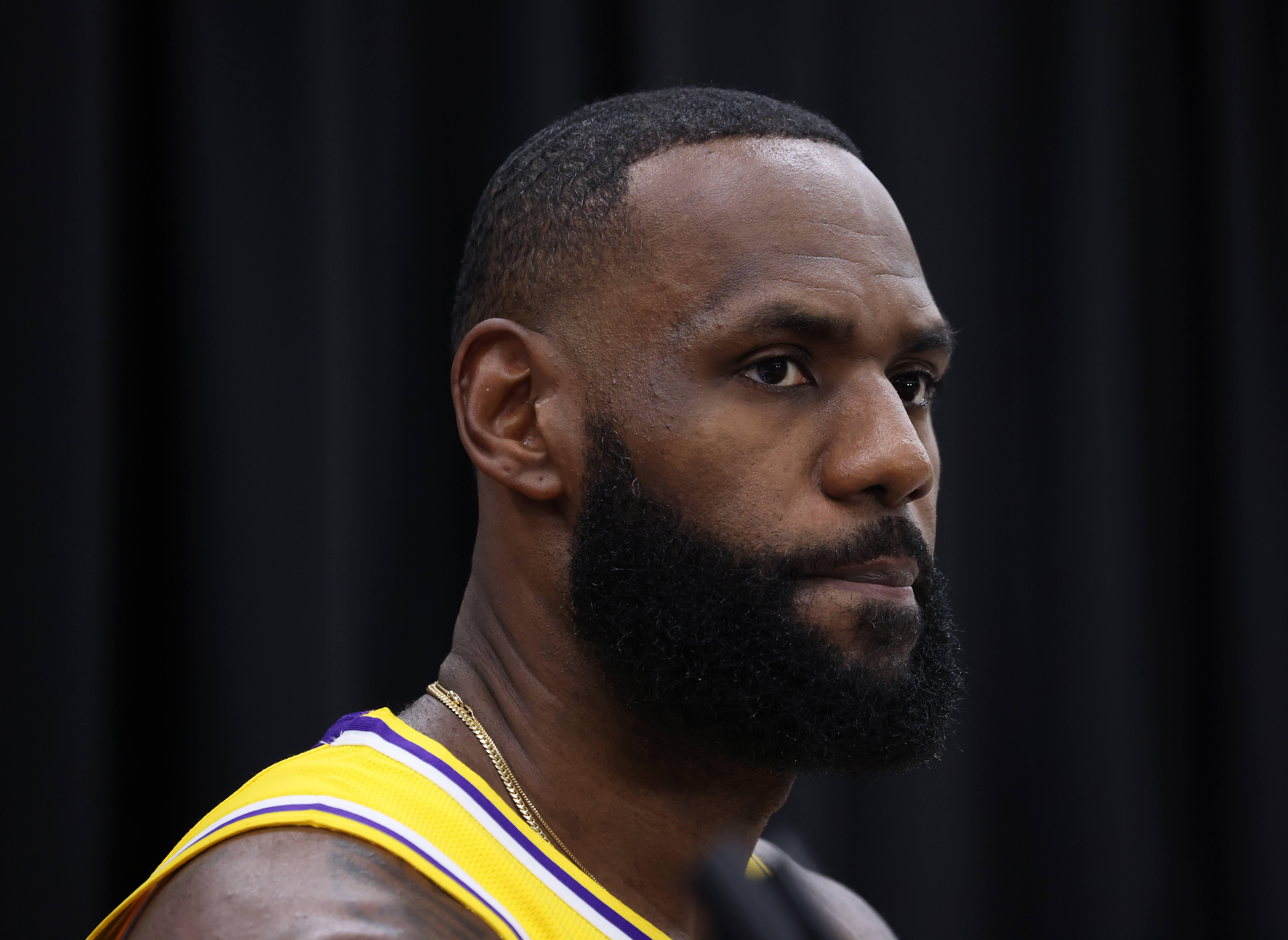 Lakers star and four-time NBA MVP LeBron James answers questions at Los Angeles Lakers Media Day
