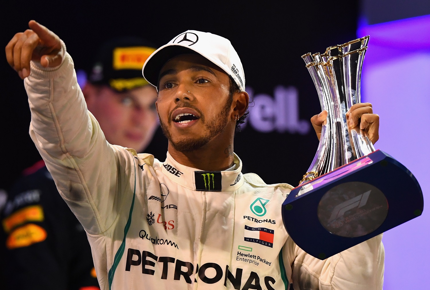 Race winner Lewis Hamilton of Great Britain celebrates on the podium during the Abu Dhabi Formula One Grand Prix at Yas Marina Circuit on Nov. 25, 2018.