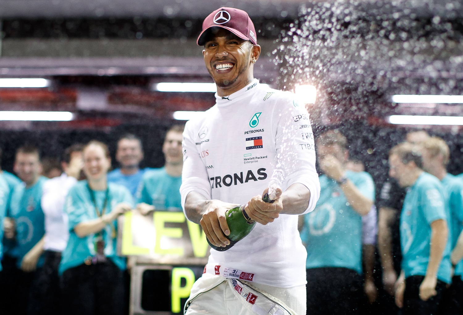 Race winner Lewis Hamilton of Great Britain and Mercedes celebrates after the Formula 1 Grand Prix of Singapore on Sept. 16, 2018.