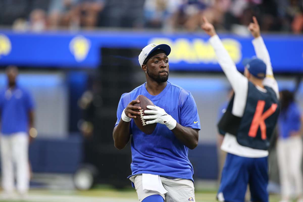 Los Angeles Rams quarterback Bryce Perkins warms up before a game