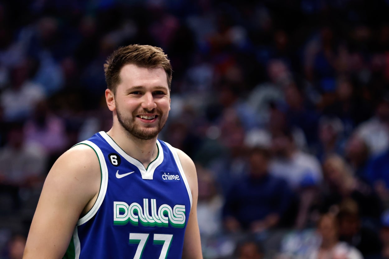 Luka Doncic of the Dallas Mavericks reacts as the Mavericks play the Sacramento Kings.