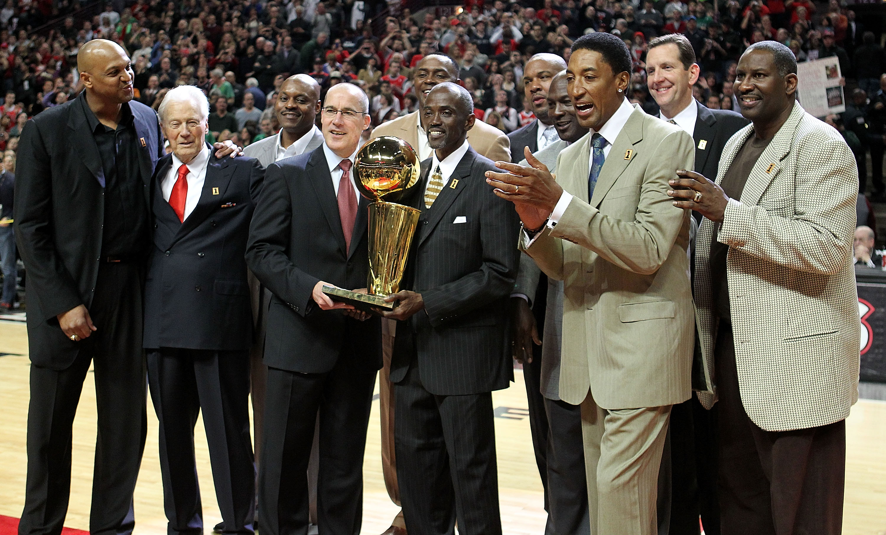 Michael Jordan and the rest of the 1990-91 Chicago Bulls celebrate the 20th anniversary of their first championship