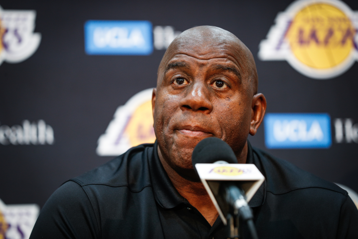 Los Angeles Lakers legend Magic Johnson at a press conference in 2018.