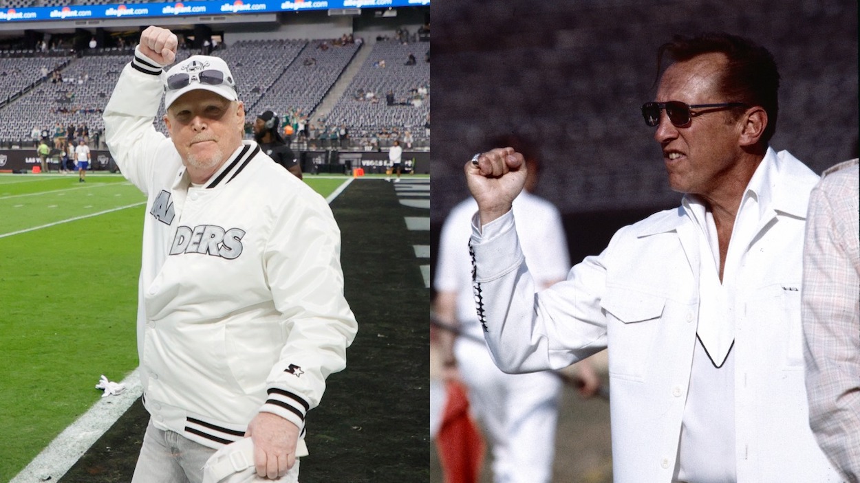 (L-R) Owner and managing general partner Mark Davis of the NFL's Las Vegas Raiders reacts as he walks on the field before a game against the Philadelphia Eagles at Allegiant Stadium on October 24, 2021 in Las Vegas, Nevada. The Raiders defeated the Eagles 33-22; Los Angeles Raiders Owner Al Davis cheers from the sidelines during San Francisco 49ers game against Los Angeles Raiders, August 6, 1983 in Los Angeles, California.
