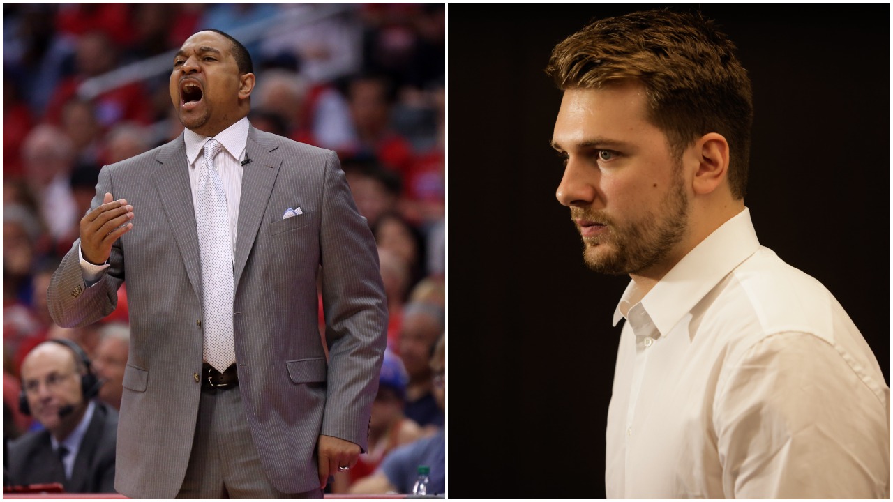 From left: Former NBA head coach and current ESPN analyst Mark Jackson yells during a playoff game, Dallas Mavericks star Luka Doncic at a press conference