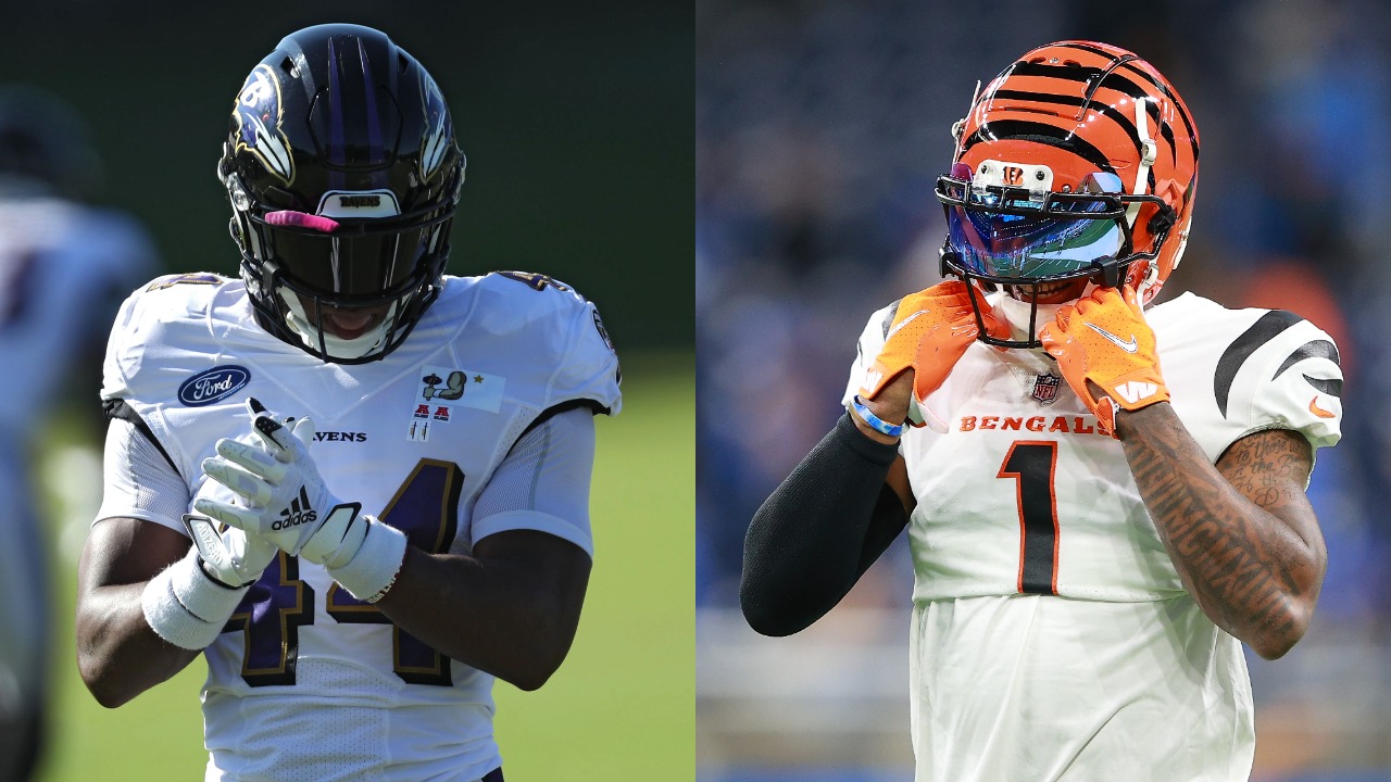 Baltimore Ravens cornerback Marlon Humphrey at practice; Cincinnati Bengals wideout Ja'Marr Chase in action