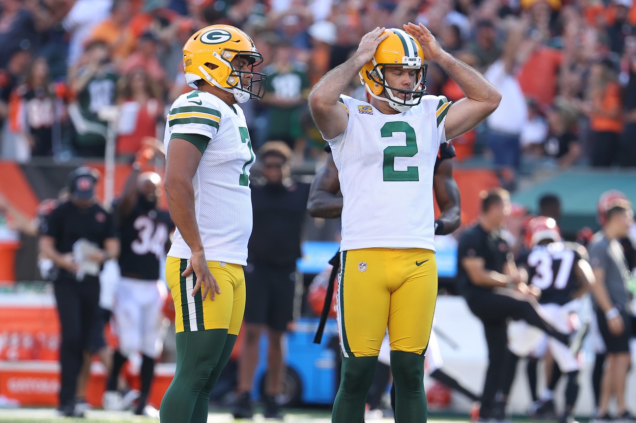 Mason Crosby of the Green Bay Packers misses a kick against the Cincinnati Bengals