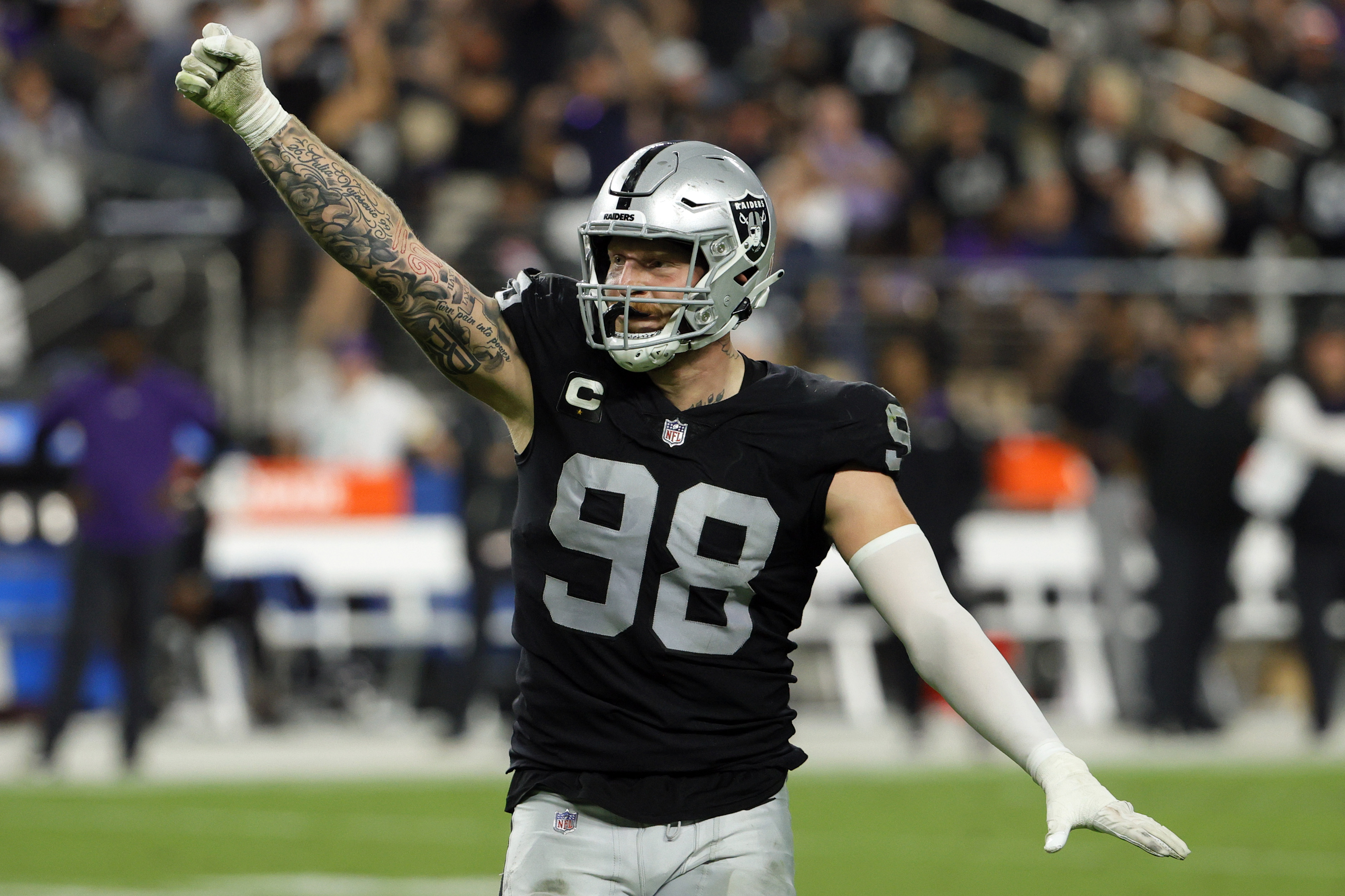 Las Vegas Raiders defensive end Maxx Crosby celebrates a big play