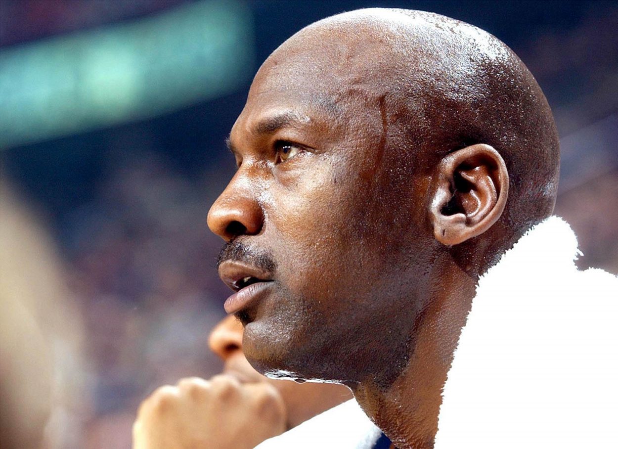 Michael Jordan looks on during a Chicago Bulls game