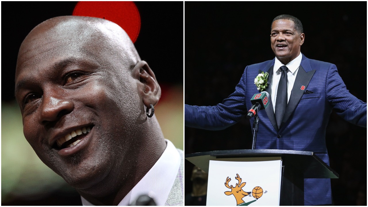 L-R: Michael Jordan at a celebration for the 1990-91 Chicago Bulls and Marques Johnson during his Milwaukee Bucks jersey retirement ceremony