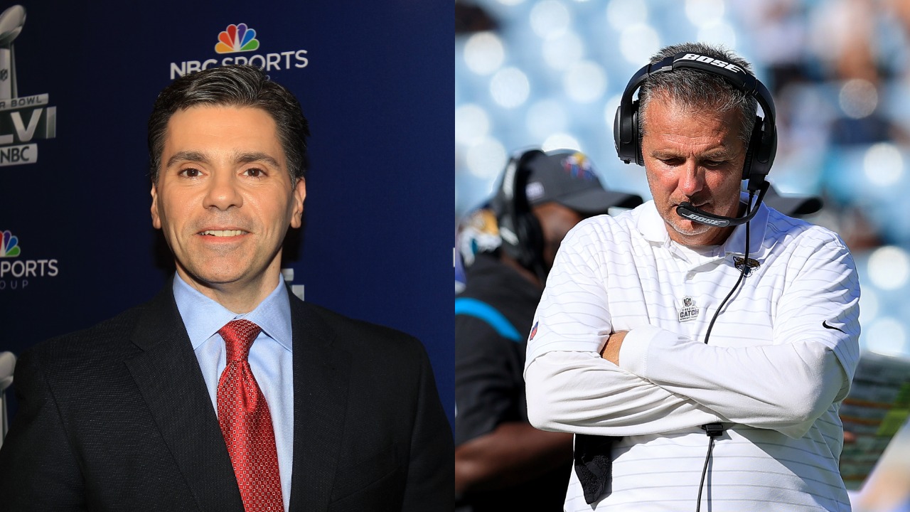 Mike Florio poses for a picture; Urban Meyer looks disappointed on the Jaguars' sideline