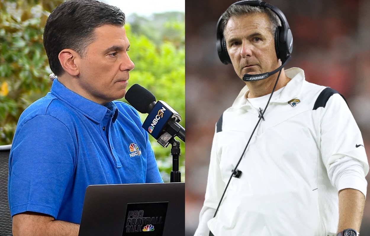ProfootballTalk's Mike Florio (L) in 2018 and Jacksonville Jaguars head coach Urban Meyer in 2021.