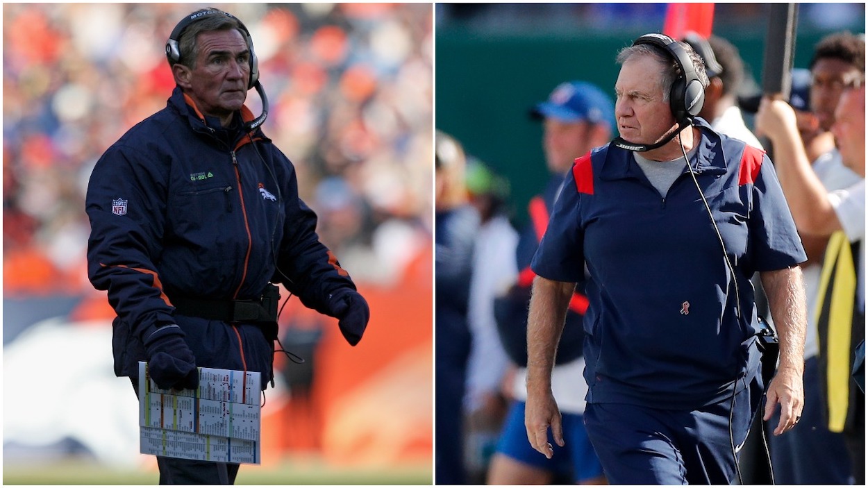 (L-R) Head coach Mike Shanahan of the Denver Broncos, who defended Bill Belichick to Roger Goodell over Spygate, leads his team against the Buffalo Bills at Invesco Field at Mile High on December 21, 2008 in Denver, Colorado. The Bills defeated the Broncos 30-23; Head coach Bill Belichick of the New England Patriots looks on against the New York Jets at MetLife Stadium on September 19, 2021 in East Rutherford, New Jersey. The Patriots defeated the Jets 25-6.